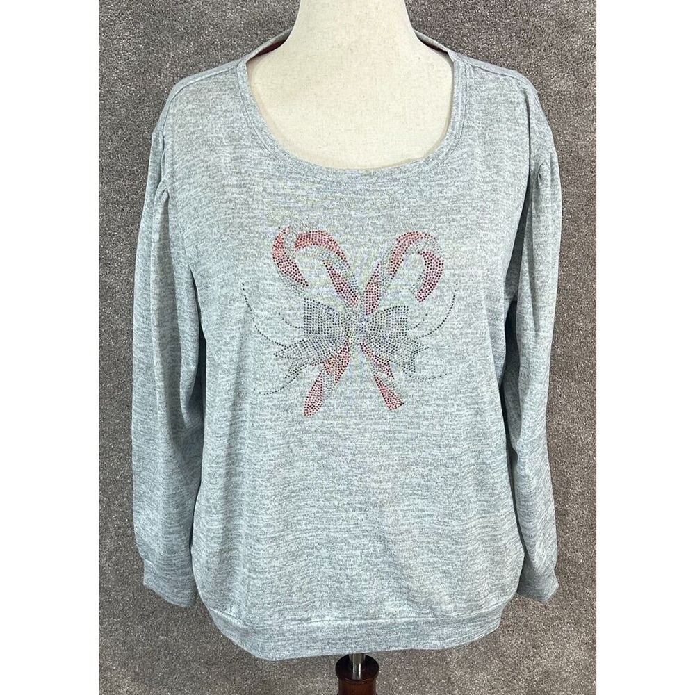 One World Top Womens XXL Gray‎ Beaded Candy Canes Bow Holiday Blouse